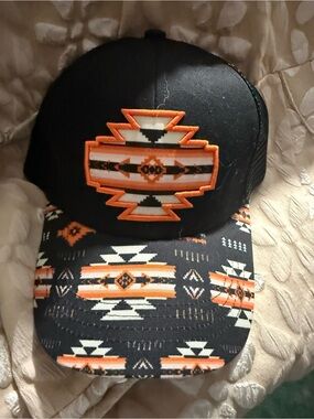 Source Unknown Black Cap with Orange and Cream Aztec Patch